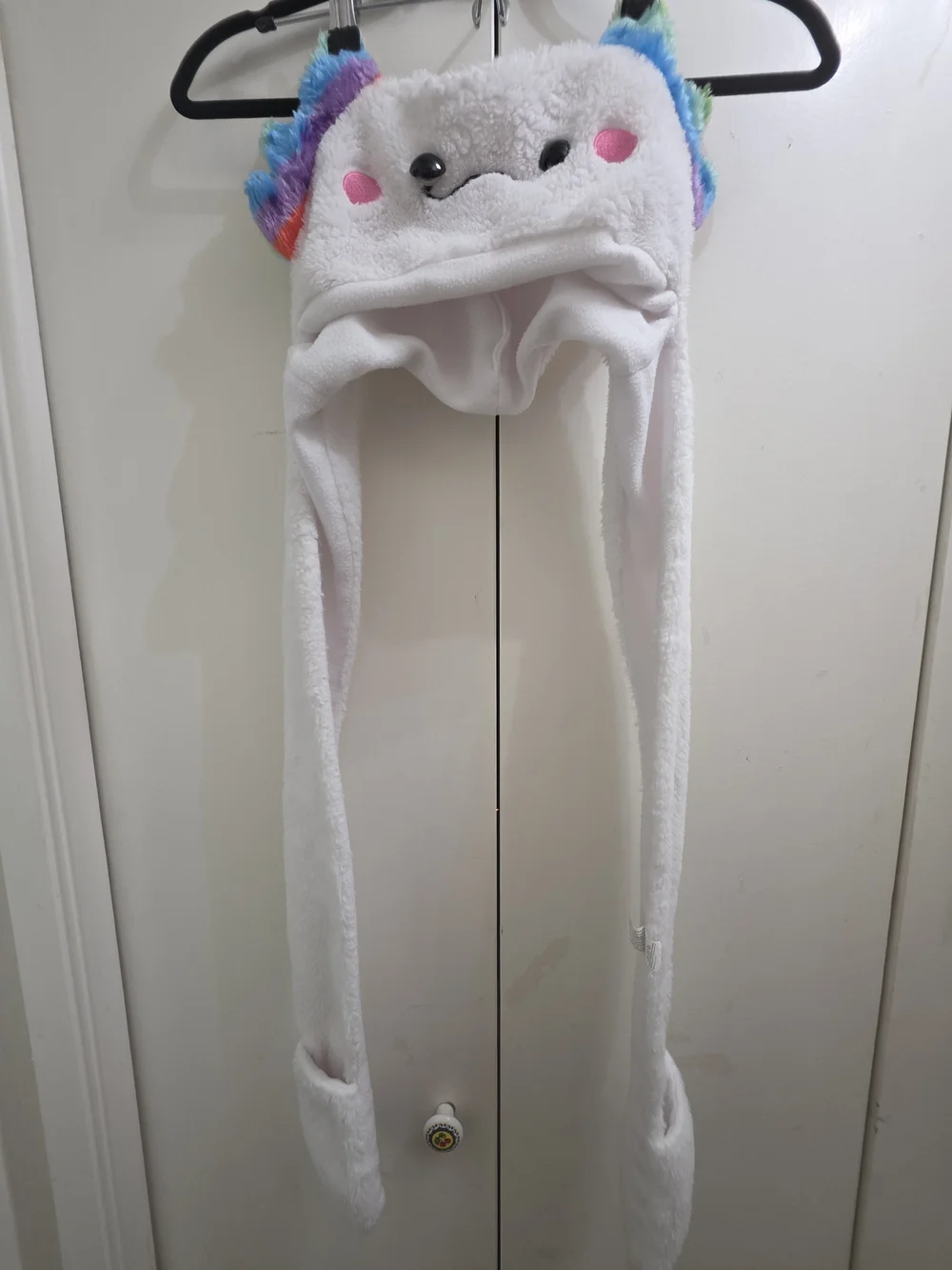 White Axolotl Plush Rainbow-Ear Hat with Hand Pockets